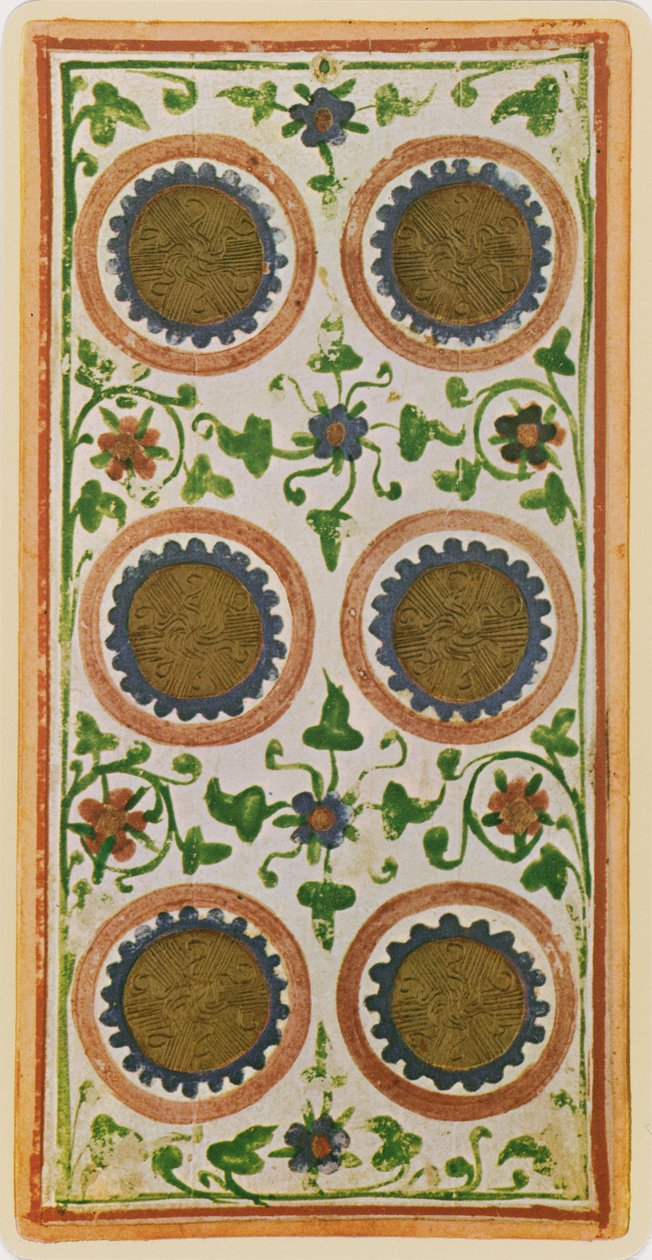 Sex mynt, faksimil av ett tarotkort från "Visconti"-kortleken, 1441-47 av Bonifacio Bembo