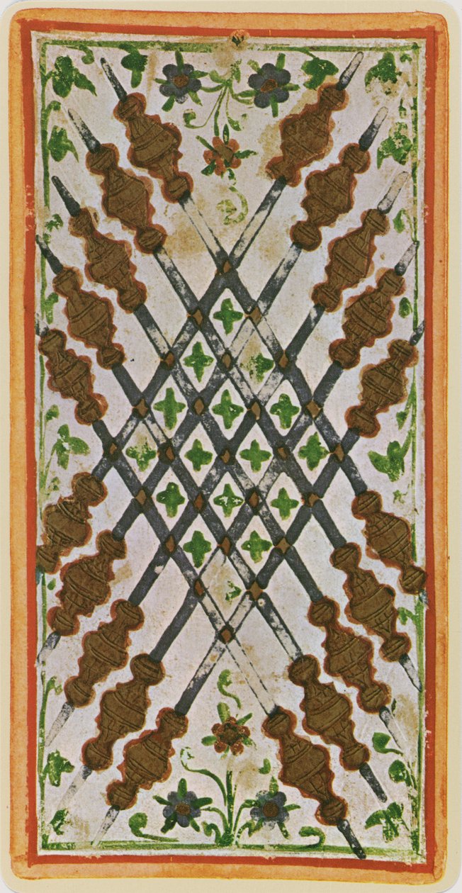 The Ten of Wands, faksimil av ett tarotkort från 