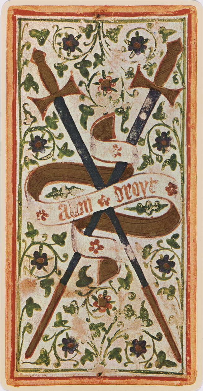 Två av svärd, faksimil av ett tarotkort från "Visconti"-kortleken, 1441-47 av Bonifacio Bembo