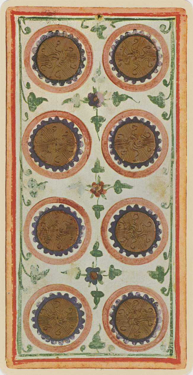 The Eight of Coins, faksimil av ett tarotkort från 