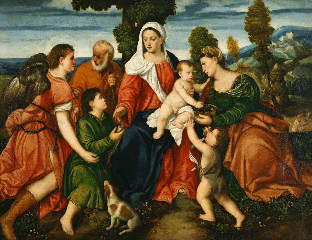 Japanese: n: n The Holy Family with Tobias and the Angel, Saint Dorothy, Giovannino, and the Miracle of the Corn beyond  av Bonifazio Veronese