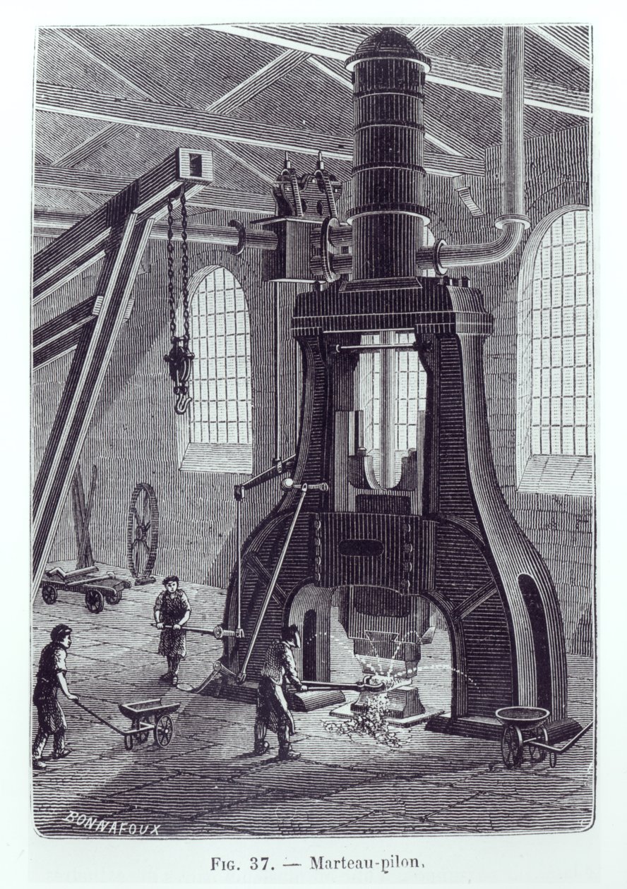 Le Creusot Power Hammer, illustration till en bok om industrimaskiner, ca. 1880 (bw foto) av Bonnafoux