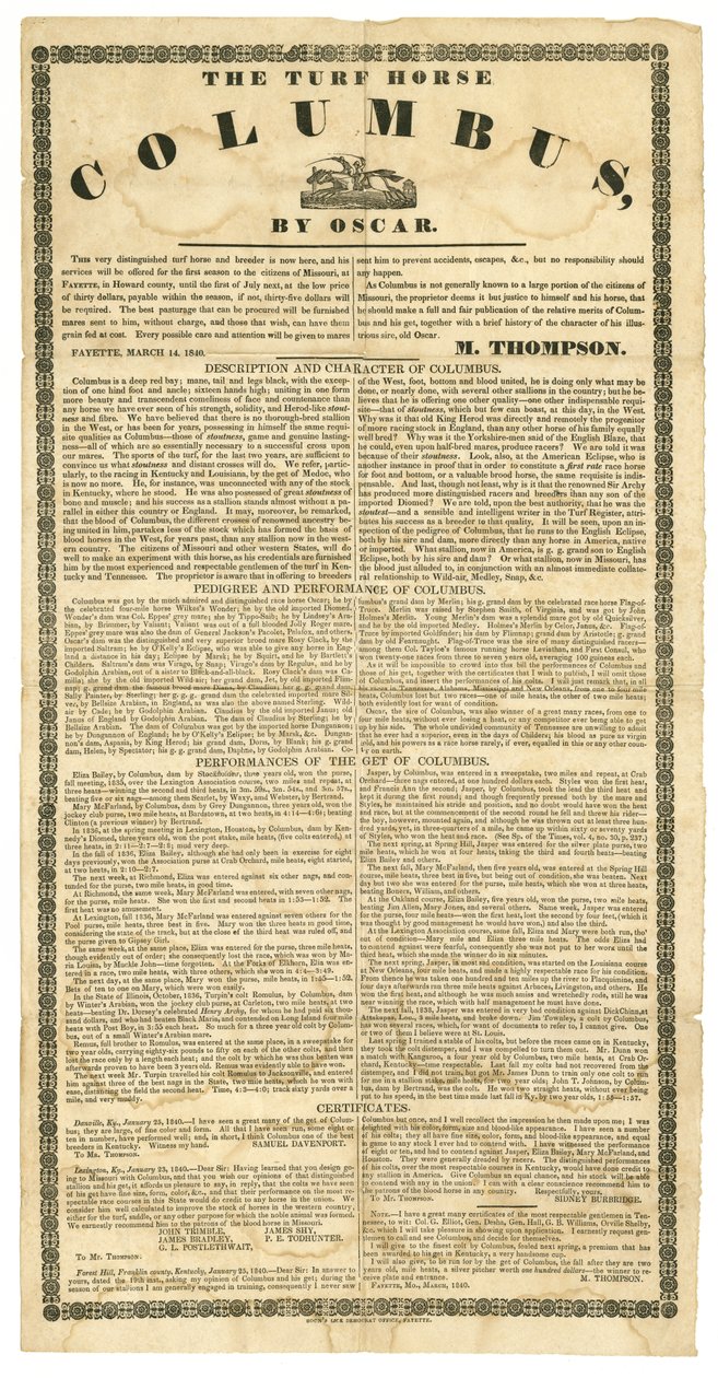 Stud horse poster offering turf horse Columbus, Fayette, Mo., March 14, 1840 av Boon Democrat