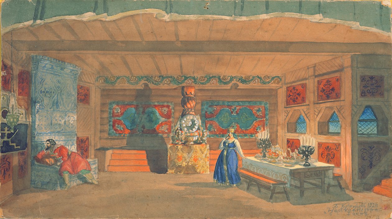 Scenografi för Rimskij-Korsakovs opera "Tsarens brud", 1920 (wc och gouache på papper) av Boris Mikhailovich Kustodiev