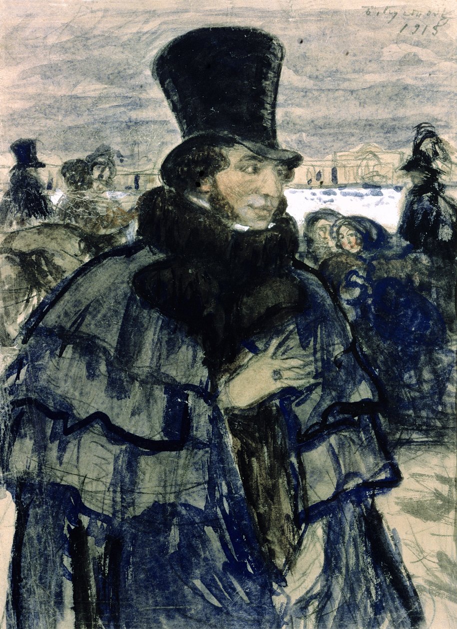 Porträtt av Alexander Pushkin (1799-1837) på Neva-vallen, 1915 av Boris Mikhailovich Kustodiev