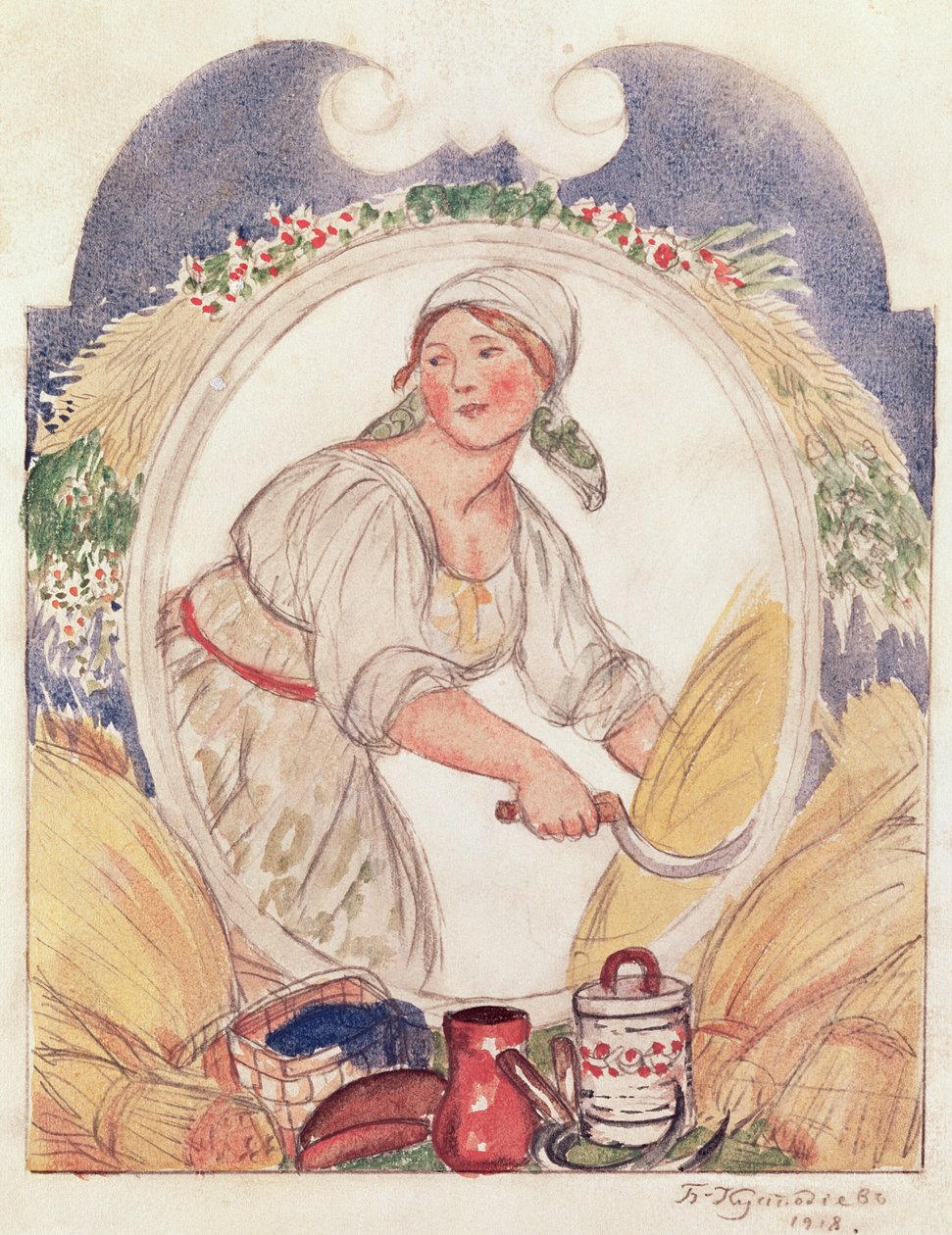 The Reaper, studie för utsmyckning av Ruzheinaya (gevär)-torget i Petrograd, 1918 (penna och wc på papper) av Boris Mikhailovich Kustodiev
