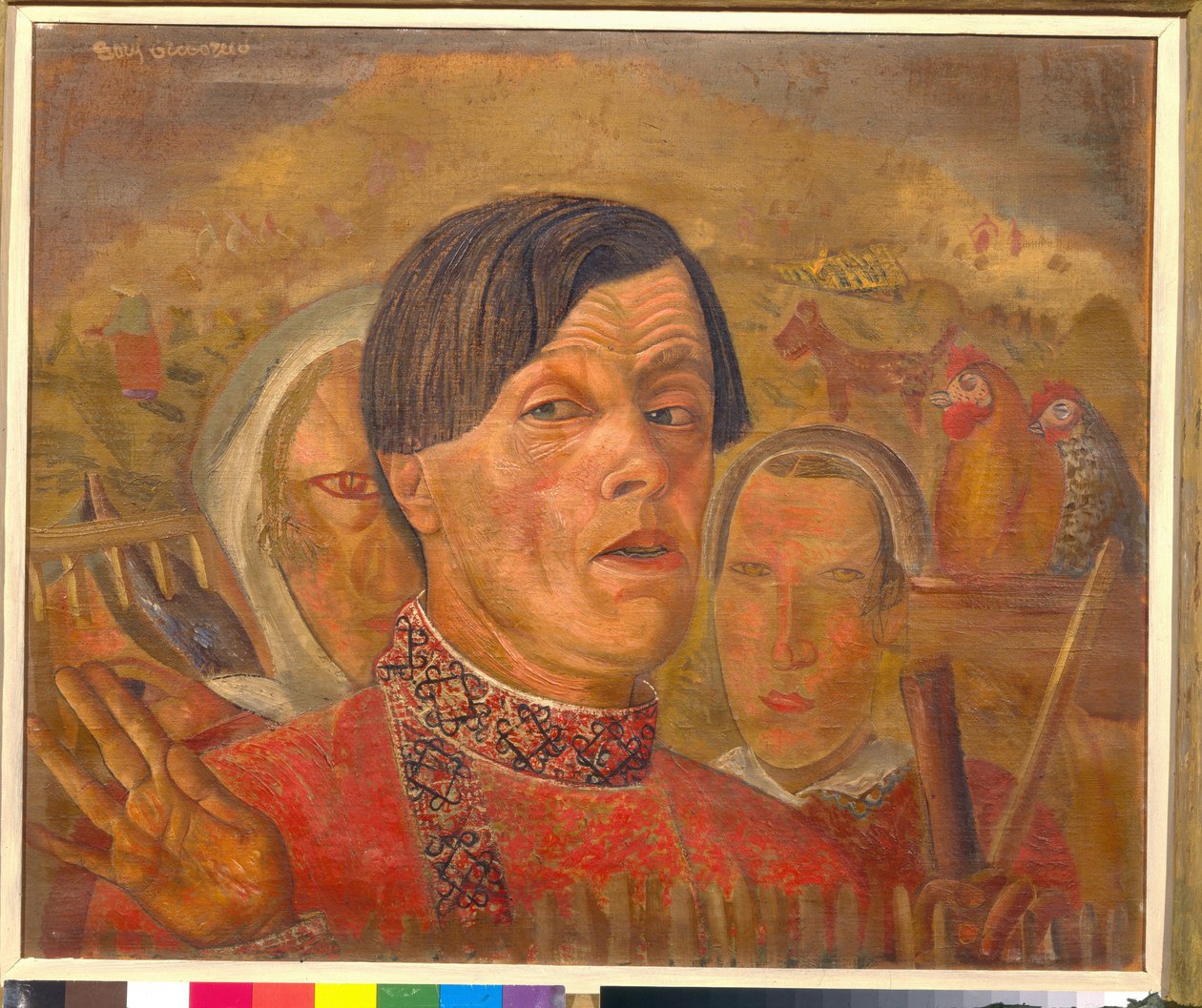 Självporträtt med tuppen och hönan (Självporträtt med tuppen och hönan) - Målning av Boris Dmitrievich Grigoriev (1886-1939), cirka 1924 - Olja på duk - Storlek: 60,4 x 73,5 cm - Privat samling av Boris Dmitrievich Grigoriev
