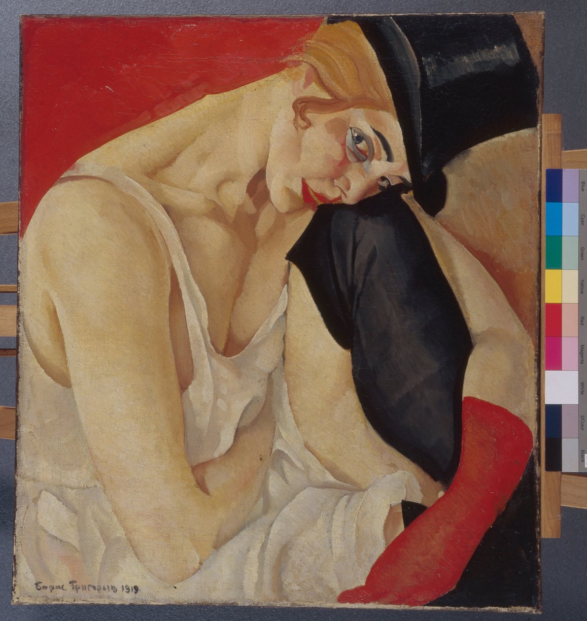 Woman in a Top Hat - Målning av Boris Dmitrievich Grigoriev (1886-1939), olja på duk (71x62,5 cm) av Boris Dmitrievich Grigoriev