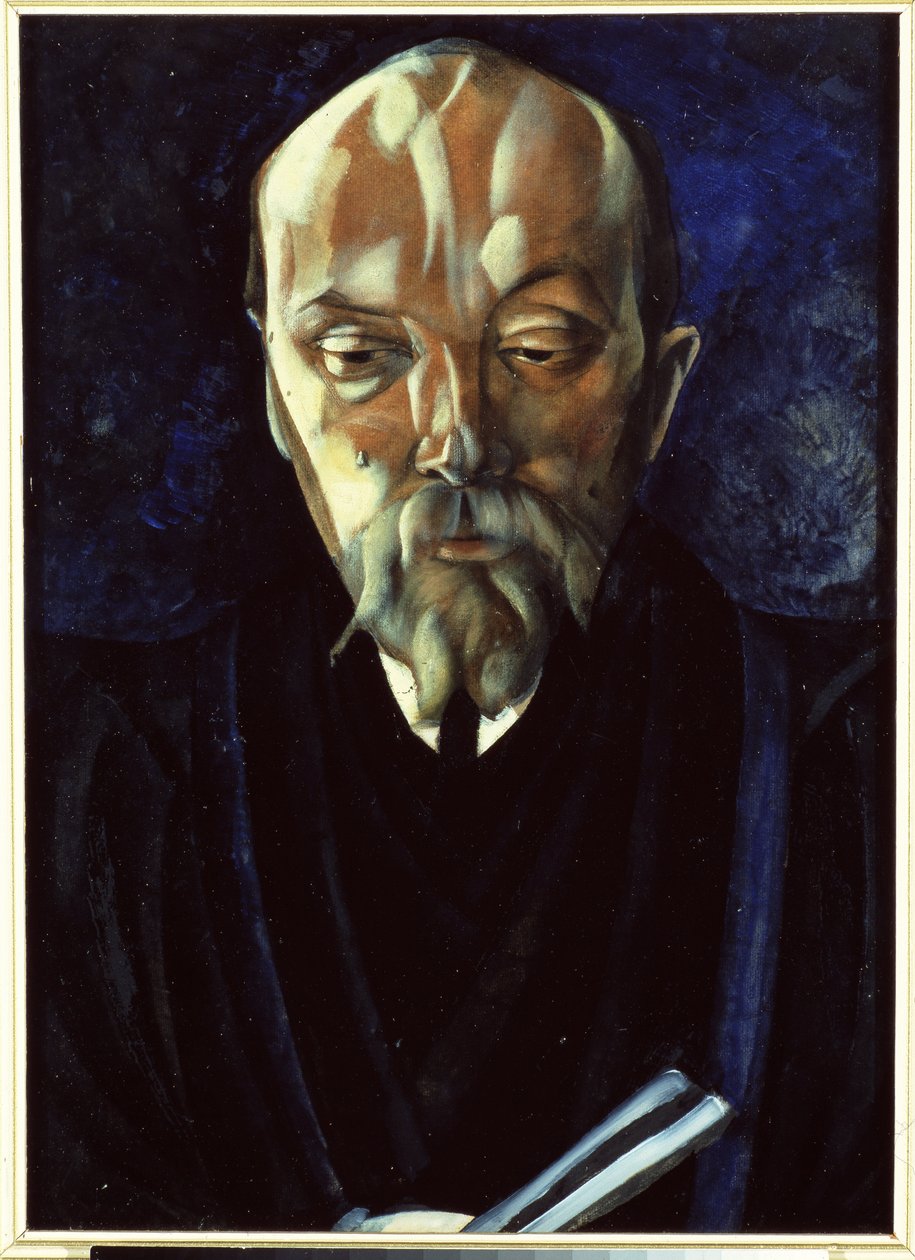 Porträtt av konstnären Nicholas (Nicolas) Roerich (1874-1947) (Porträtt av konstnären N.Roerich). Verk av Boris Dmitryevich Grigoriev (1886-1939), tempera på kartong av Boris Dmitrievich Grigoriev