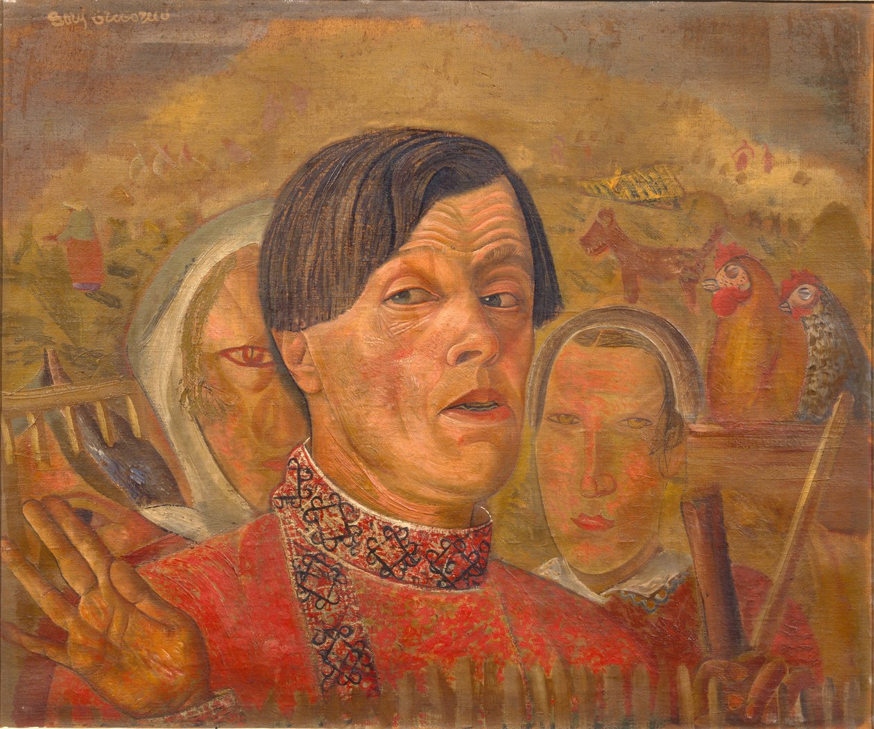 Självporträtt med hanen och hönan, ca. 1924 av Boris Dmitrievich Grigoriev