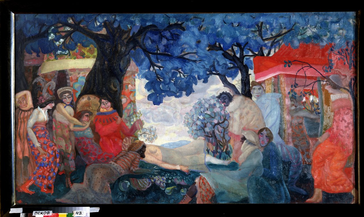 En dröm. Karaktärer i kostymer eller masker omger en annan karaktär som ligger under träden med blått löv, i en by med mångfärgade hus. Verk av Boris Dmitryevich Grigoriev (1886-1939), tempera på kartong av Boris Dmitrievich Grigoriev