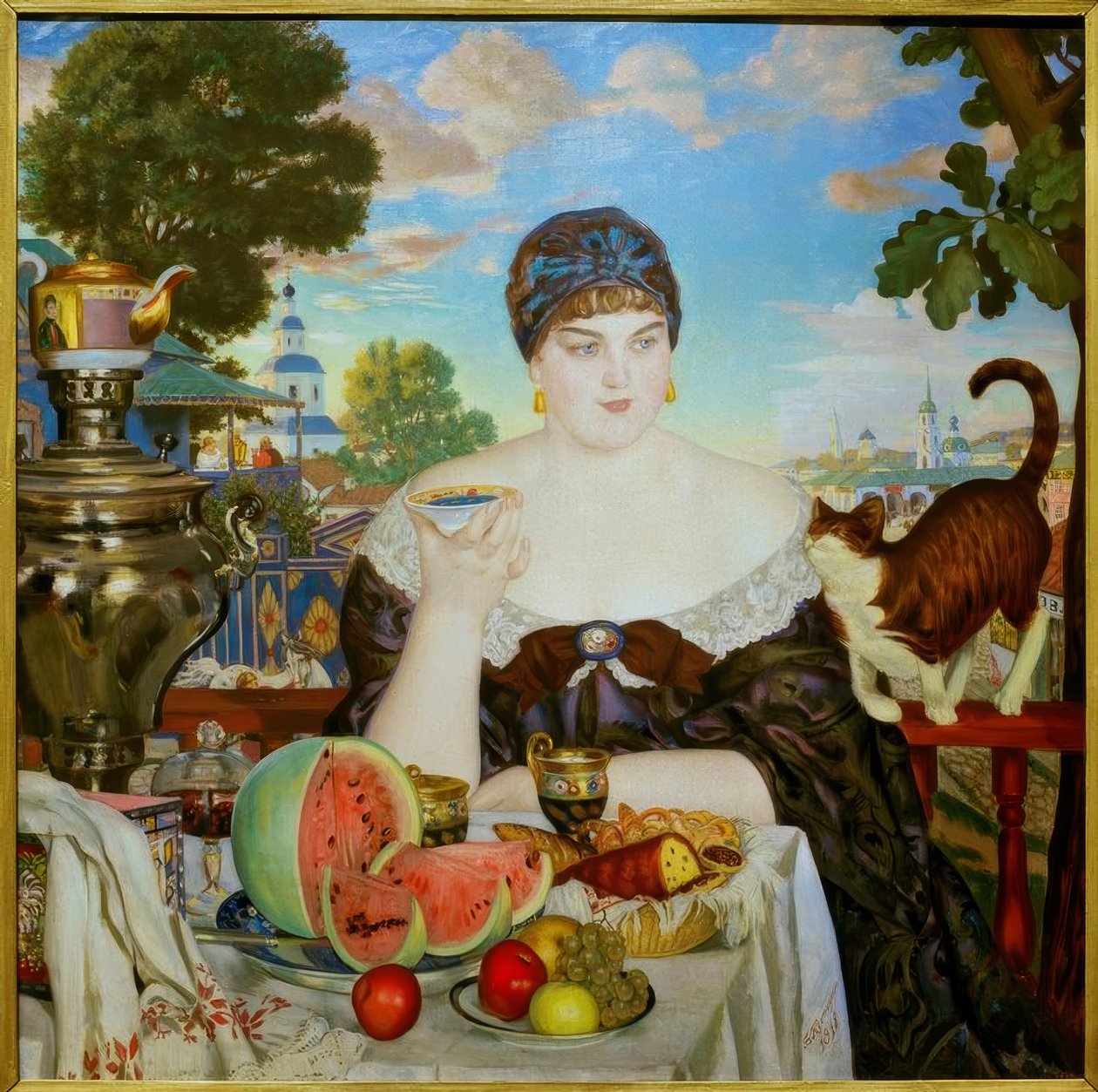 Affärskvinna som har te av Boris Mikhailovich Kustodiev