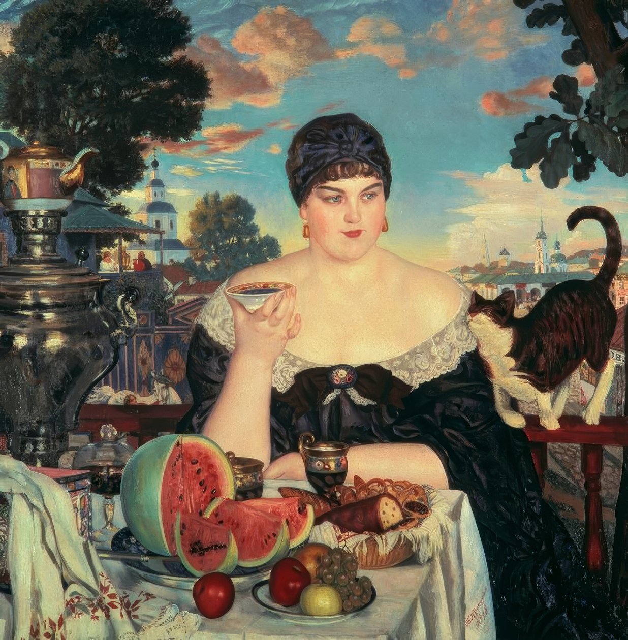 Affärskvinna som har te av Boris Mikhailovich Kustodiev