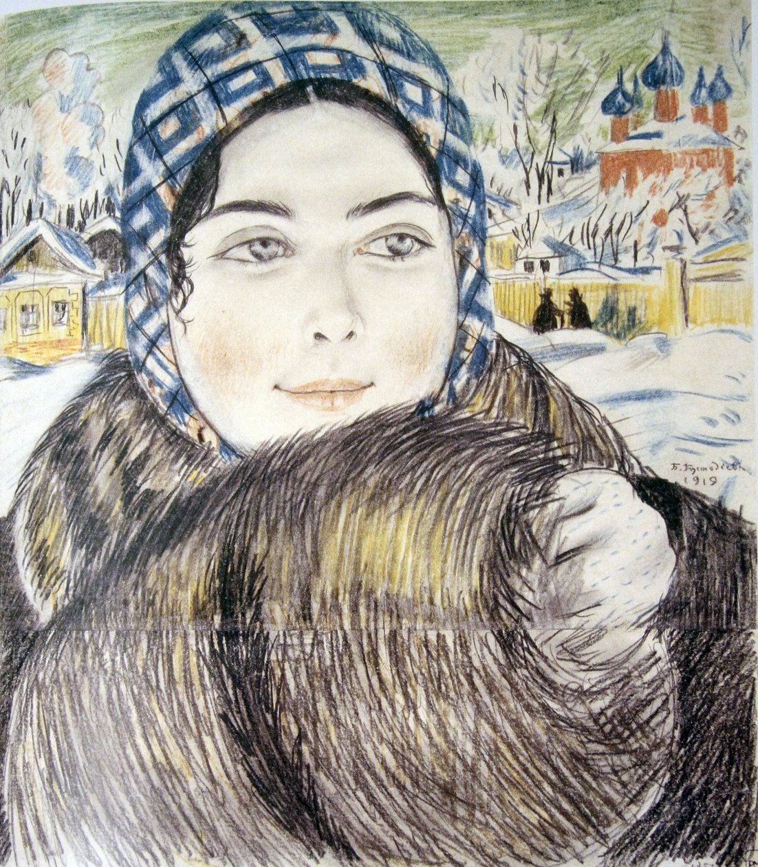 En ung köpmans fru i rutig halsduk par Kustodiev, Boris Michaylovich (1878-1927) av Boris Mikhailovich Kustodiev