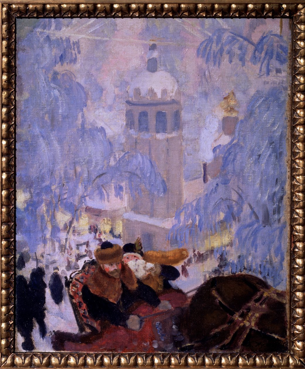Självporträtt med sin fru. Representerad i en hästdragen släde, lämnar en stad med snötäckta tak. Målning av Boris Michaylovich Kustodiev (Kustodiev) (1878-1927), olja på duk av Boris Mikhailovich Kustodiev