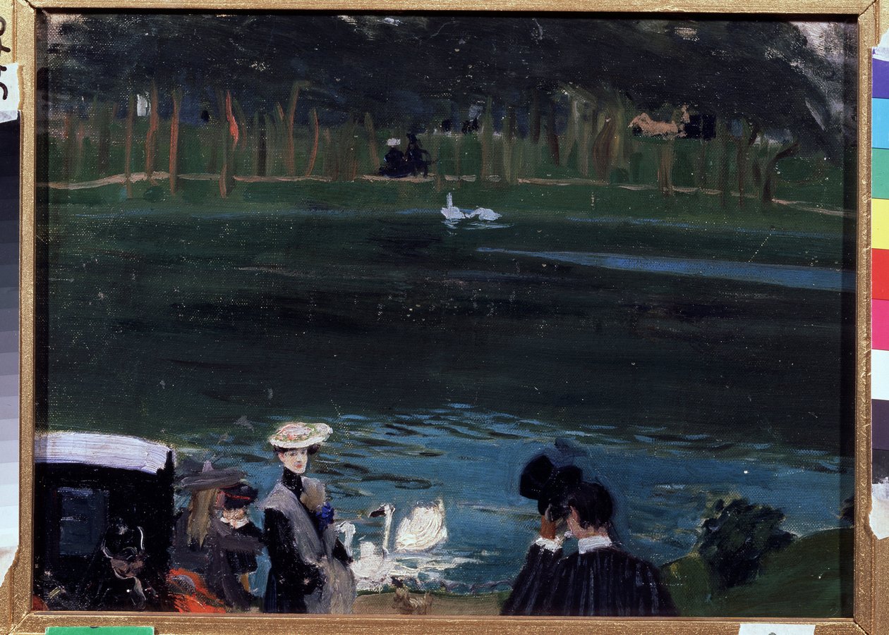 Bois de Boulogne. Sjön med svanar och vandrare. Målning av Boris Michaylovich Kustodiev (Kustodiev) (1878-1927), olja på duk av Boris Mikhailovich Kustodiev