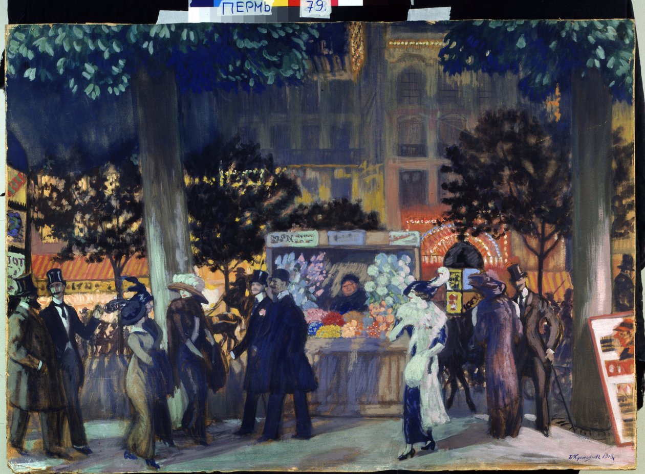 Boulevard i Paris, på natten. (Boulevard i Paris på natten). Beskrivning av den nattliga animationen av det parisiska livet, på sommaren. Du kan se Morris-kolumner. Målning av Boris Michaylovich Kustodiev (Kustodiev) (1878-1927), olja på duk av Boris Mikhailovich Kustodiev