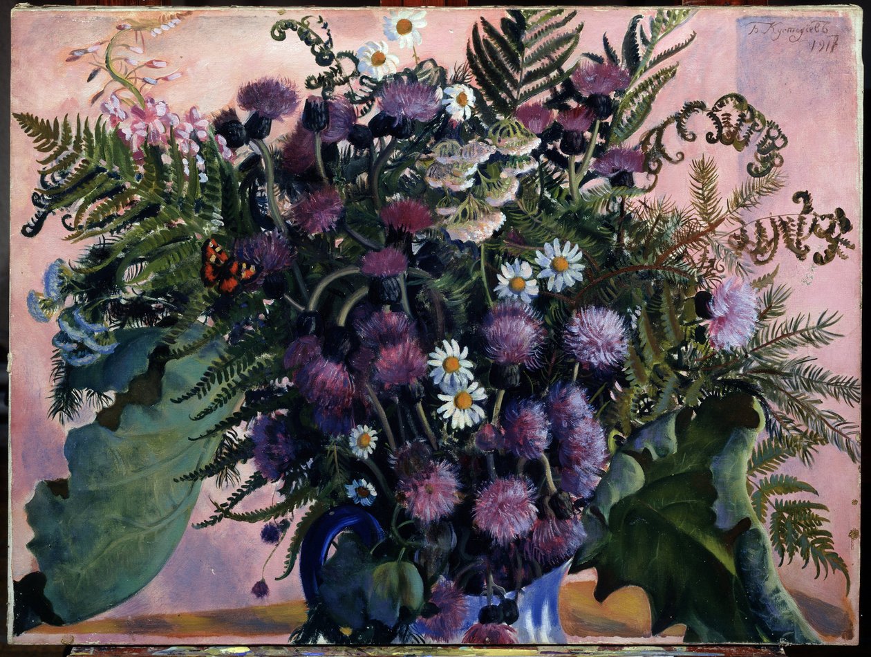 Bukett av finska blommor. (finskt gäng blommor). Målning av Boris Michaylovich Kustodiev (Kustodiev) (1878-1927), olja på duk av Boris Mikhailovich Kustodiev