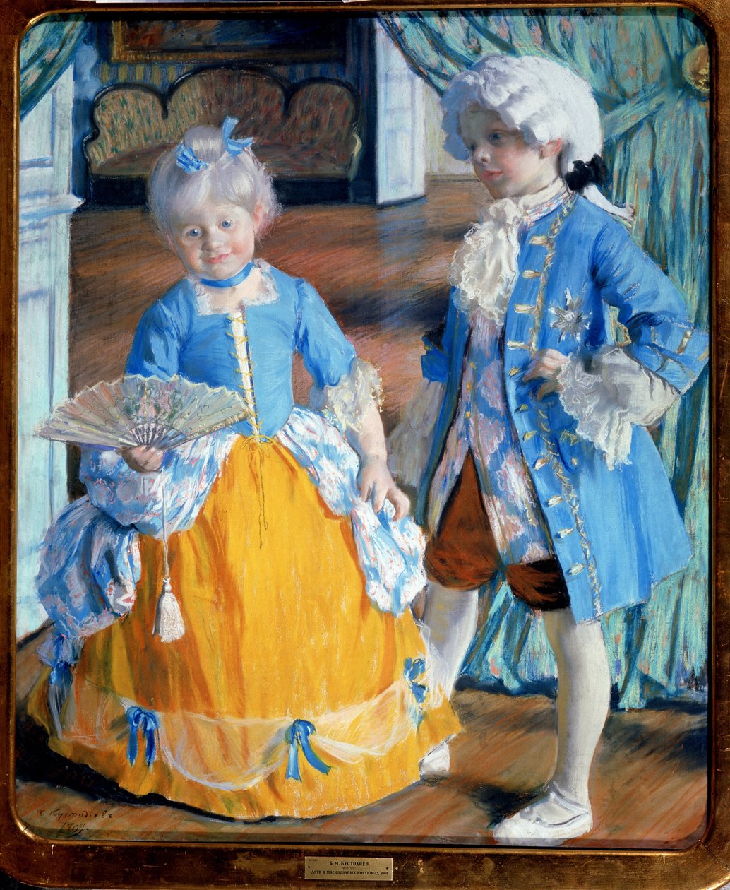 Barn i rokokosträkt (Barn i rokokostlänning). Pojken bär strumpor och peruk, flickan håller i en spetsfläkt. Målning av Boris Michaylovich Kustodiev (Kustodiev) (1878-1927), olja på duk av Boris Mikhailovich Kustodiev