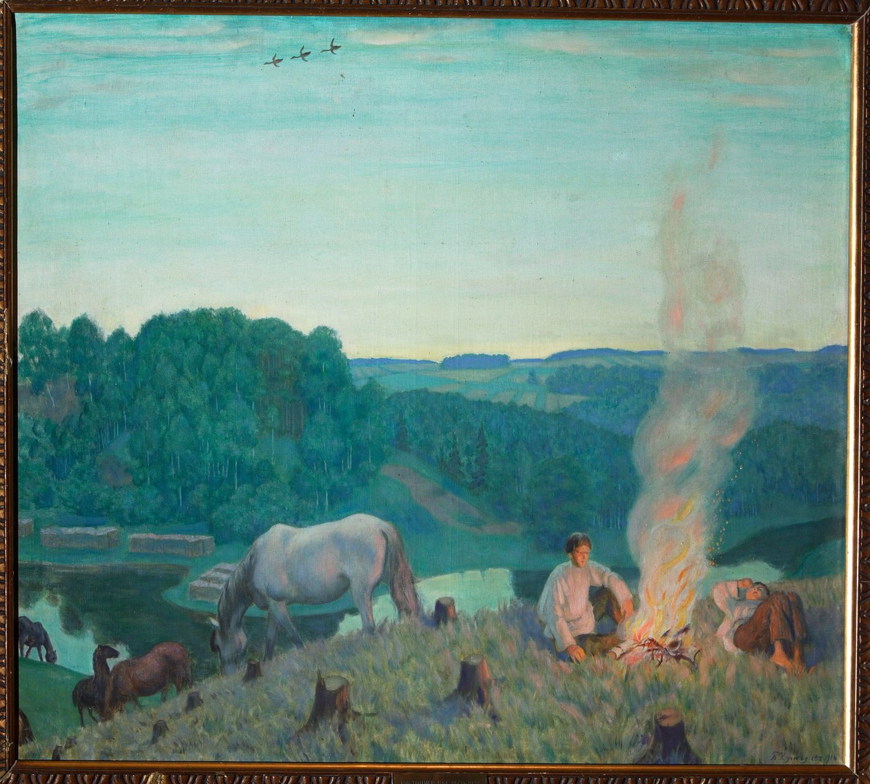 Lägereld (lägereld). Landskap en sommarkväll vilar unga pojkar runt en vedeld, på stranden av en flod. Runt dem betar tystnad, lugn och hästar fridfullt. Målning av Boris Michaylovich Kustodiev (Kustodiev) (1 av Boris Mikhailovich Kustodiev