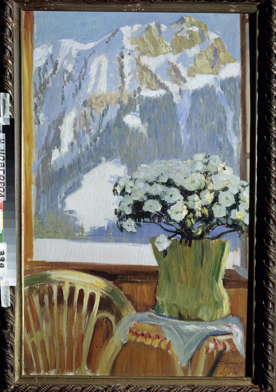 Blommor på balkongen med utsikt över bergen. Målning av Boris Michaylovich Kustodiev (Kustodiev) (1878-1927), olja på duk av Boris Mikhailovich Kustodiev