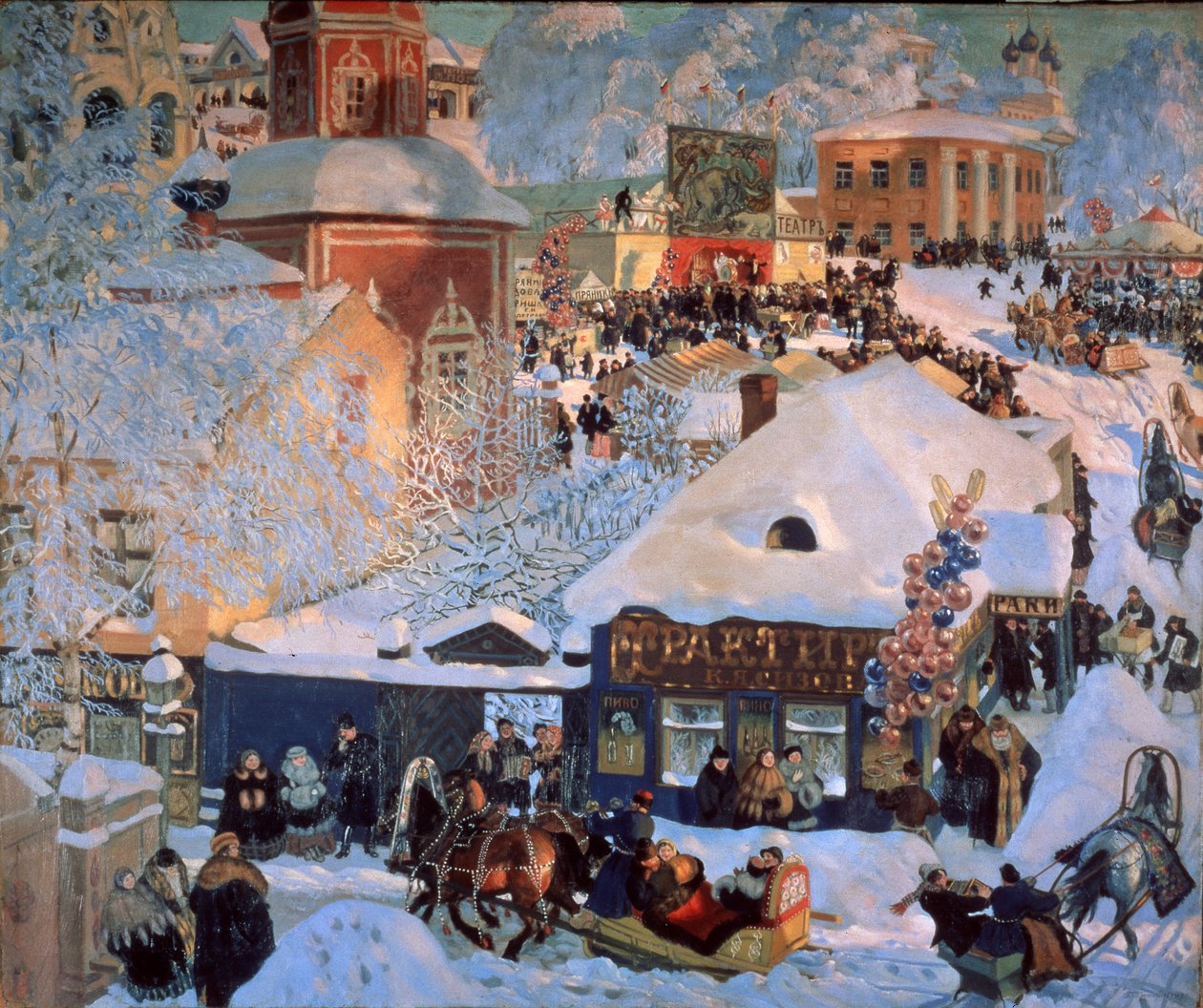 Vinter, Mardi Gras (vinter, Schrovetide). Traditionella festligheter på de snötäckta gatorna i en provinsstad. Förutom beskrivningen av stadens byggnader, klungorna av ballonger, en karusell, tavernors skyltfönster och slädar som dras av av Boris Mikhailovich Kustodiev