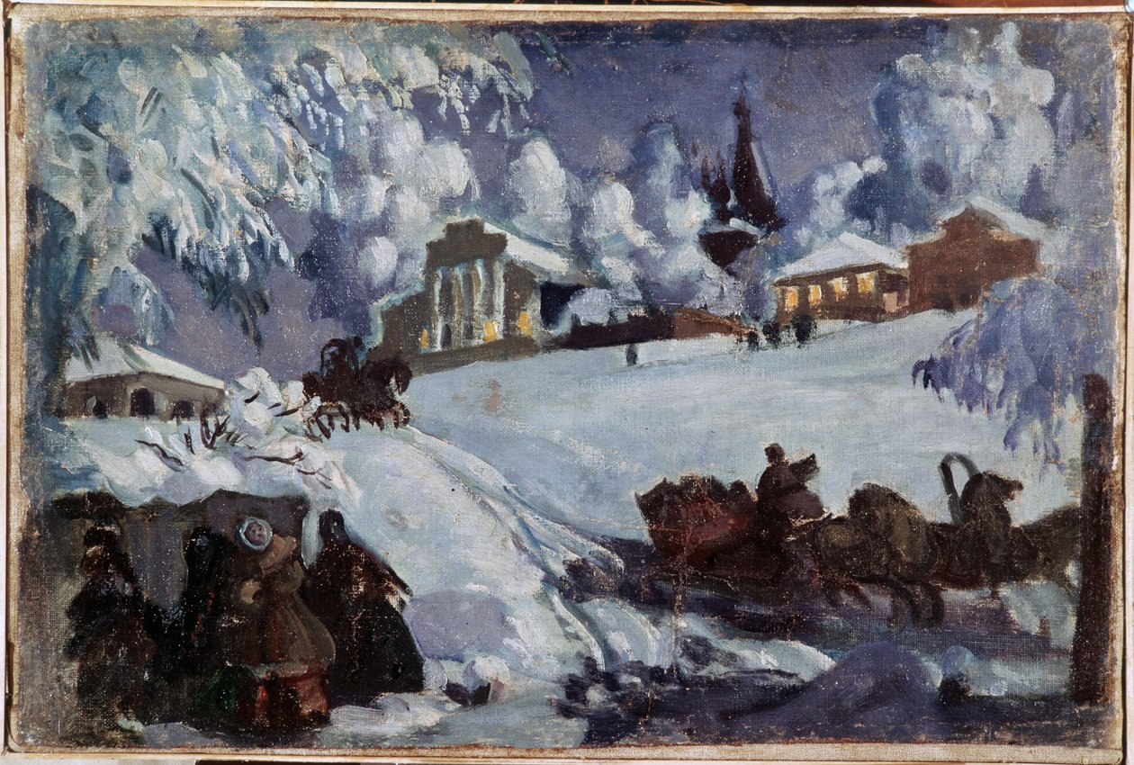 Vinter, slädar (Vinter. Slädtur). Målning av Boris Michaylovich Kustodiev (Koustodiev) (1878-1927), olja på duk, cirka 1920. Rysk konst, tidigt 1900-tal. Privat samling. av Boris Mikhailovich Kustodiev