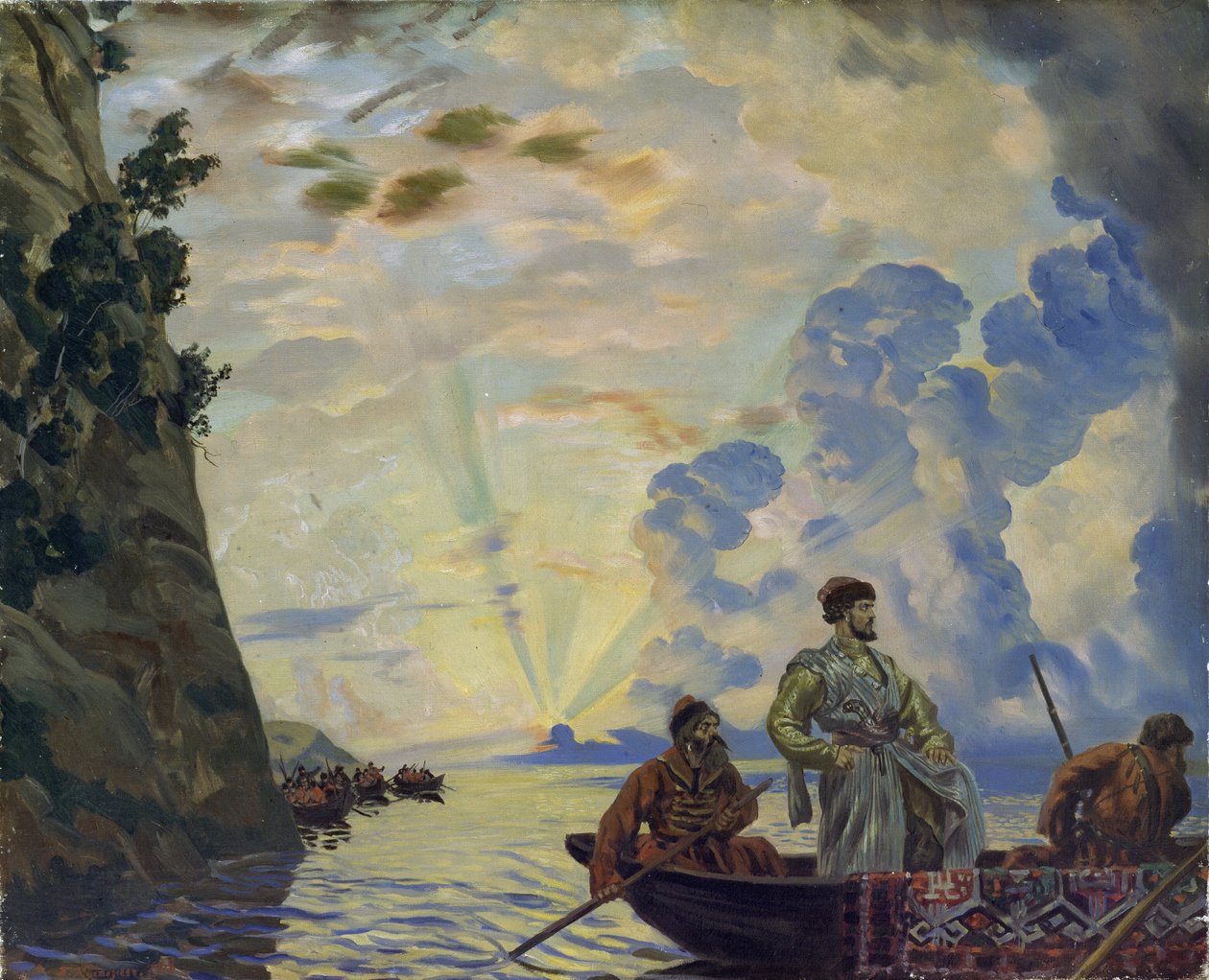 Kosackledaren Stepan (Stenka) Timofeevich Razin (1630-1671) i en båt. Han ledde ett uppror mot adeln och den tsaristiska byråkratin i södra Ryssland (Stepan Razin). Målning av Boris Michaylovich Kustodiev (Kustodiev) (1878-192) av Boris Mikhailovich Kustodiev