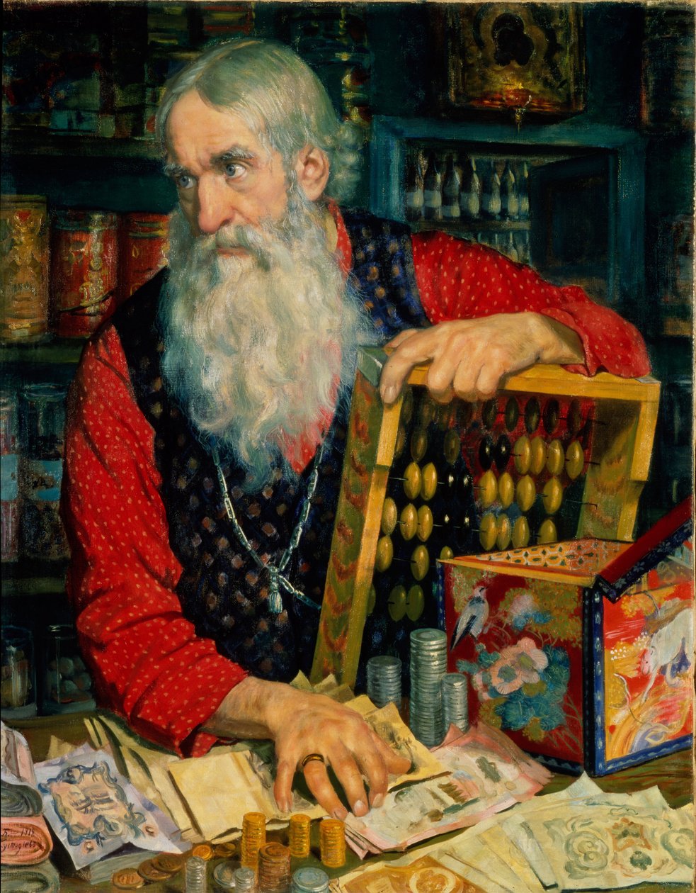 Köpmannen (gamling med pengar och kulram). Målning av Boris Michaylovich Kustodiev (Kustodiev) (1878-1927), olja på duk av Boris Mikhailovich Kustodiev