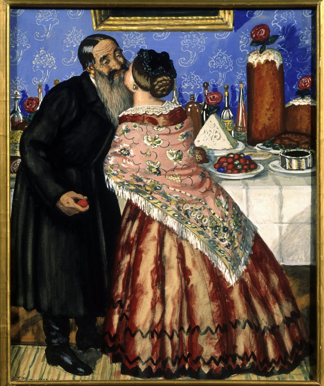 Påskhälsningar (ett par kyssar nära bordet med påskmåltiden) (påskhälsningen) - Målning av Boris Michaylovich Kustodiev (1878-1927), tempera på kartong av Boris Mikhailovich Kustodiev