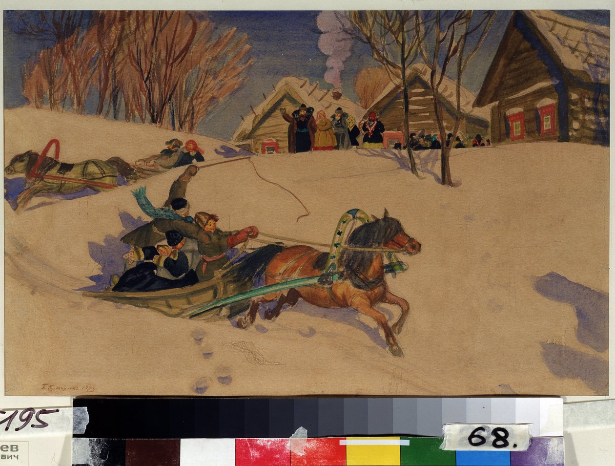 Mardi Gras (fastelavn). Glada barn snurrar i slädar dragna av hästar, på snön, framför byn med trähusen. De samlade vuxna hälsar på dem. Verk av Boris Michaylovich Kustodiev (Koustodiev) (1878-1927), akvarell av Boris Mikhailovich Kustodiev