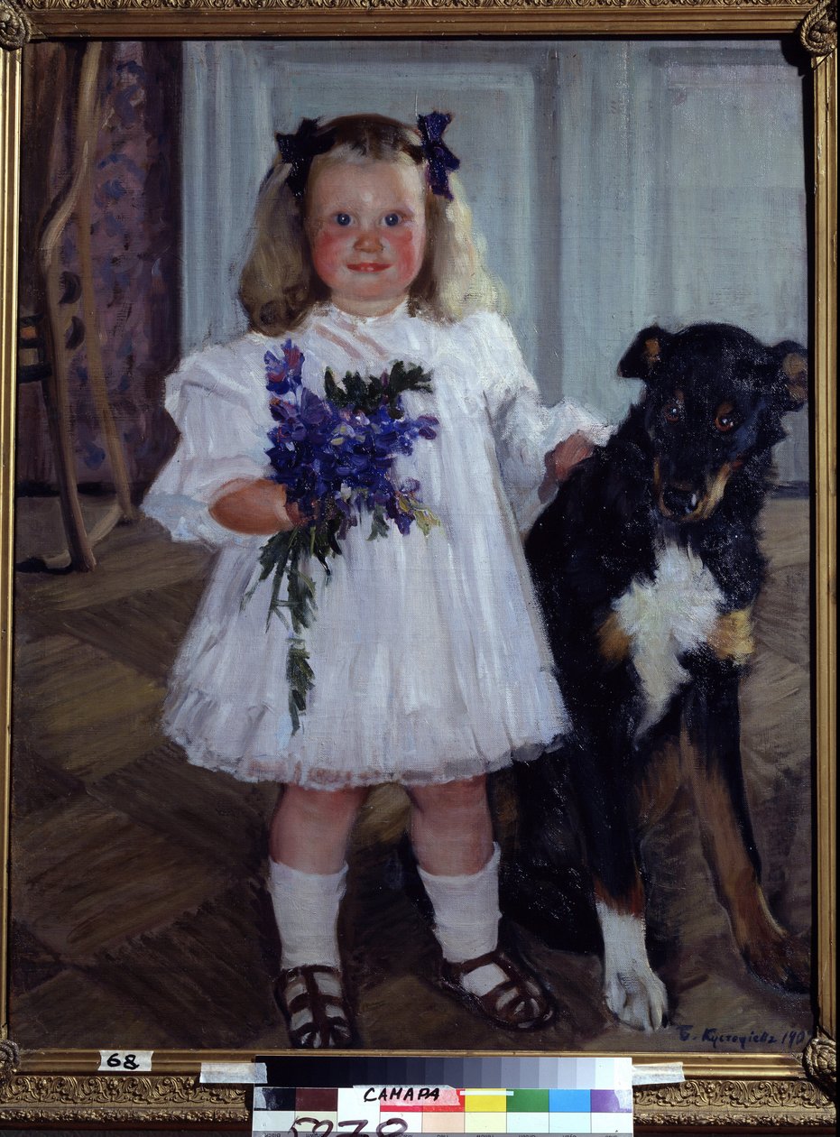 Porträtt Av Dottern Irina Med Hunden Shumka. Målning av Boris Michaylovich Kustodiev (Kustodiev) (1878-1927), olja på duk av Boris Mikhailovich Kustodiev