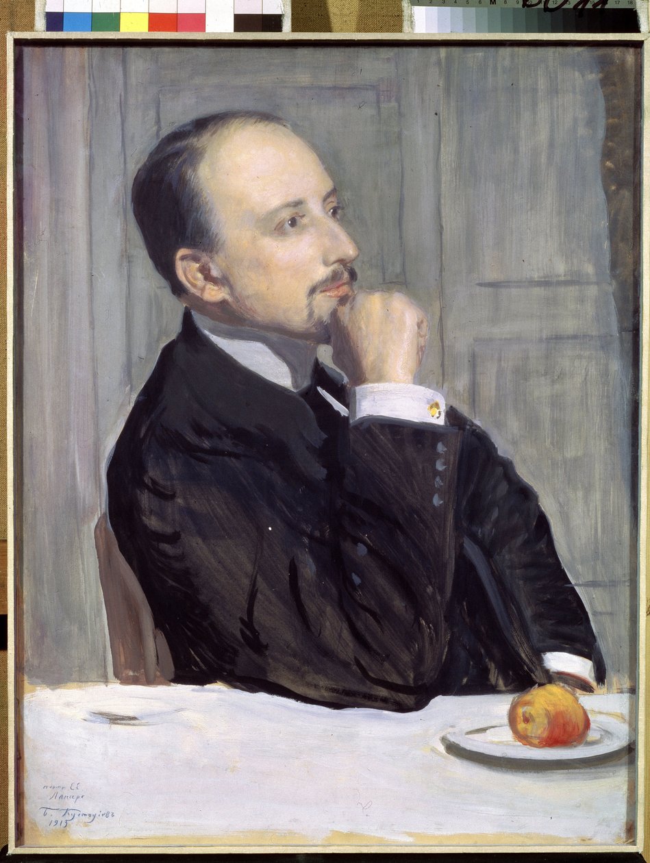 Porträtt av konstnären Evgeny Evgenyevich Lanceray (Eugene Lancere) (1875-1946) (Porträtt av konstnären E. Lanceray). Verk av Boris Michaylovich Kustodiev (Koustodiev) (1878-1927), tempera på kartong av Boris Mikhailovich Kustodiev