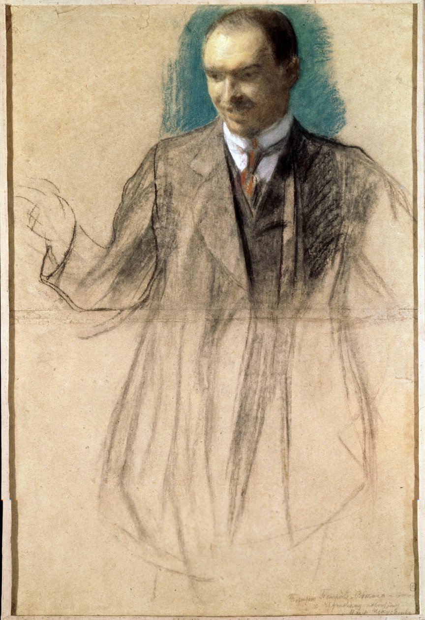 Porträtt av konstnären Kouzma Petrov-Vodkine (Petrov Vodkine) (1878-1939). (Porträtt av konstnären Kusma Petrov Vodkin). Oeuvre de Boris Michaylovich Kustodiev (Koustodiev) (1878-1927), pastell sur kartong av Boris Mikhailovich Kustodiev