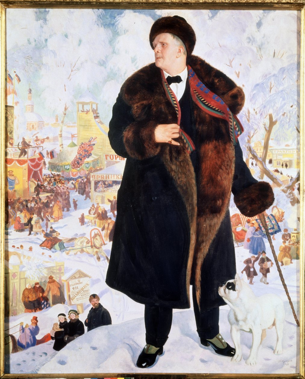 Porträtt av sångaren Feodor (Fiodor, Fedor) I. Chaliapin (Chaliapin) (1873-1938) (Porträtt av sångaren F.I.Shalyapin). I en päls och hatt, åtföljd av en bulldogg som stirrar på honom, står sångaren stolt framför animationerna av en av Boris Mikhailovich Kustodiev