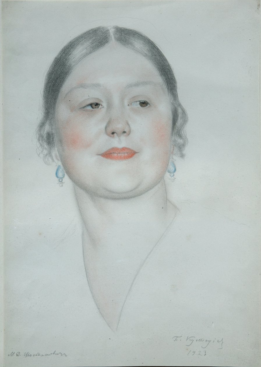 Porträtt av Maria Dmitrievna Sjostakovitj, 1923 av Boris Mikhailovich Kustodiev