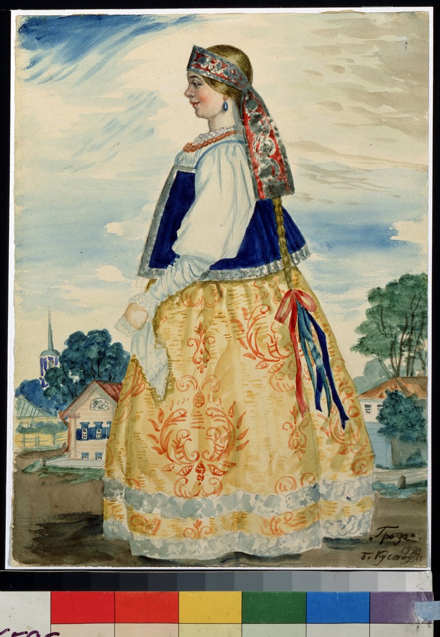 Kostymdesign för pjäsen Stormen av Alexandre Ostrovsky (Ostrovsky) (1823-1886) (Dräktdesign för pjäsen Stormen av A. Ostrovsky). Verk av Boris Michaylovich Kustodiev (Koustodiev) (1878-1927), akvarell på papper av Boris Mikhailovich Kustodiev