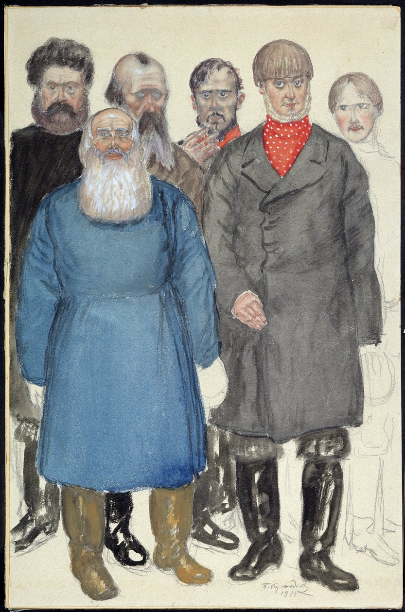 Kostymdesign för teaterpjäsen Vargar och får av Alexandre Ostrovsky (1823-1886) (Dräktdesign till teaterpjäsen Vargar och får av A. Ostrovsky). Verk av Boris Michaylovich Kustodiev (Koustodiev) (1878-1927), akvarell på papper av Boris Mikhailovich Kustodiev