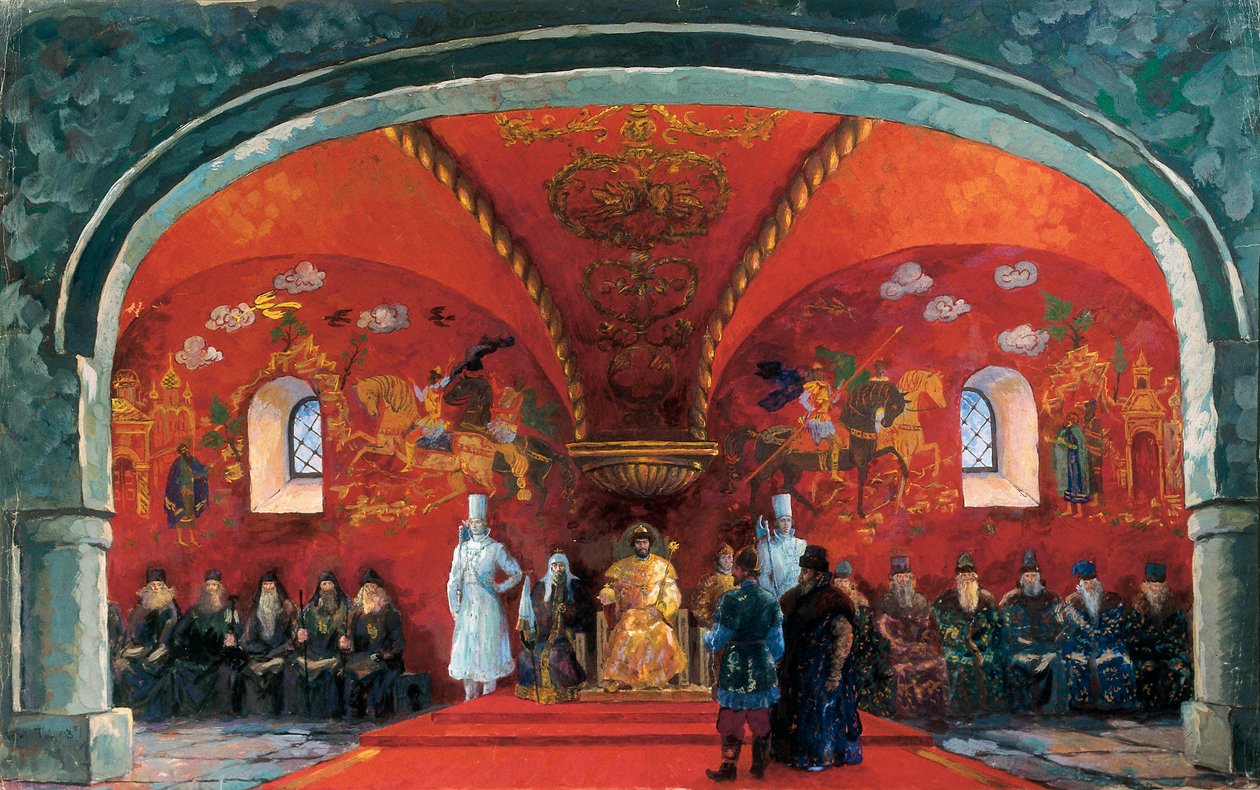Representation av Boris Fyodorovich Godunov (1551-1605), tsar av Ryssland, dekor för teaterstycket "Boris Godunov" av Alexander Sergeyevich Pushkin (olja på duk) av Boris Mikhailovich Kustodiev