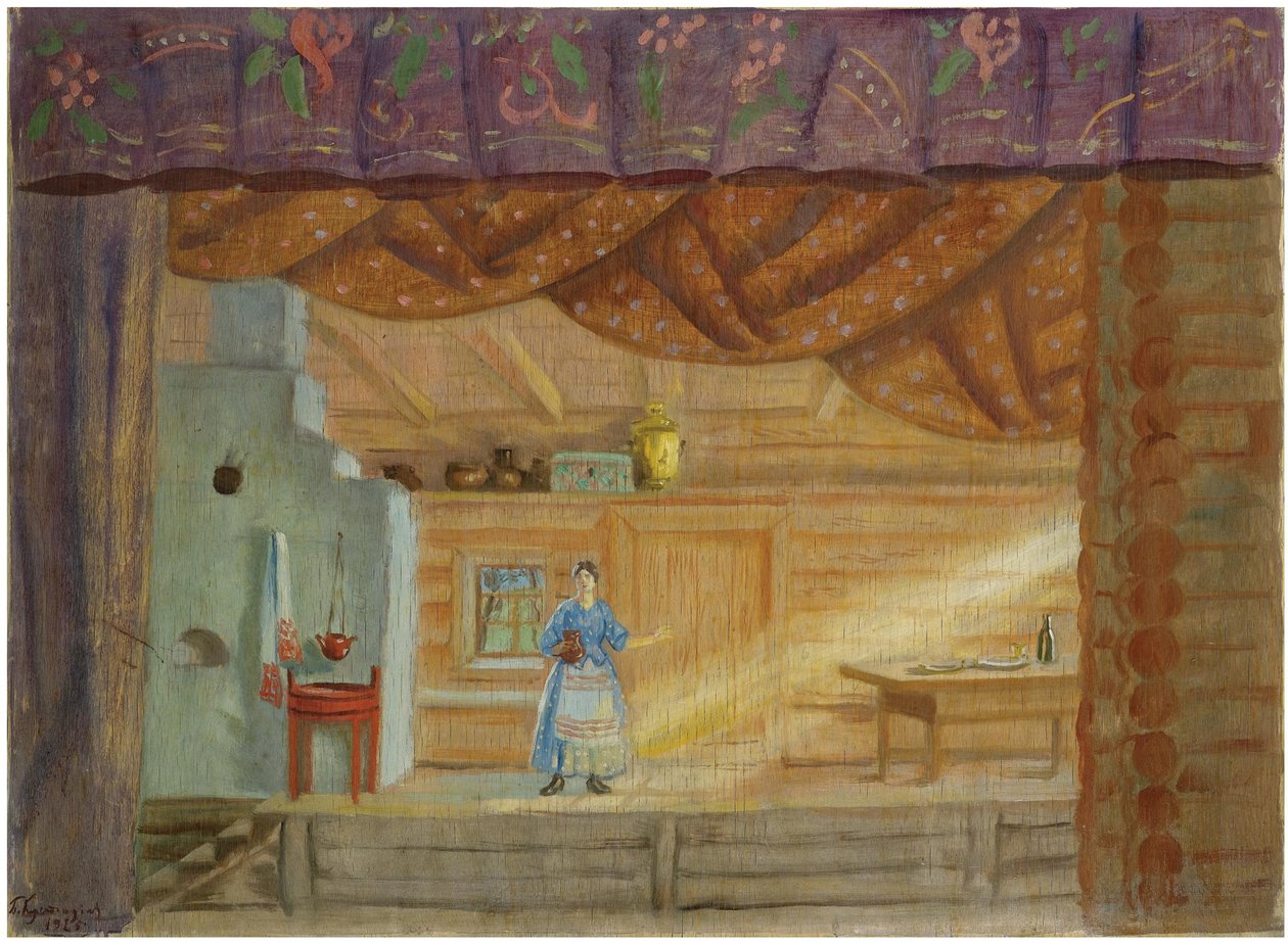 Scenografi för pjäsen Virineya av Lidia Seyfullina, 1925 av Boris Mikhailovich Kustodiev