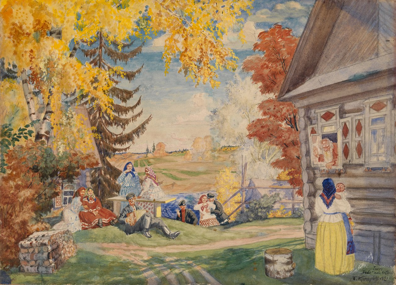 Scenografi för teaterpjäsen Bondekvinnor av Alexander Neverov, 1920 av Boris Mikhailovich Kustodiev