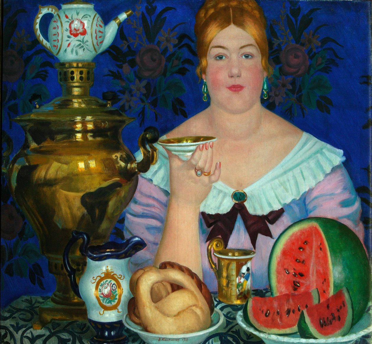 Köpmannens fru dricker te, 1923 av Boris Mikhailovich Kustodiev