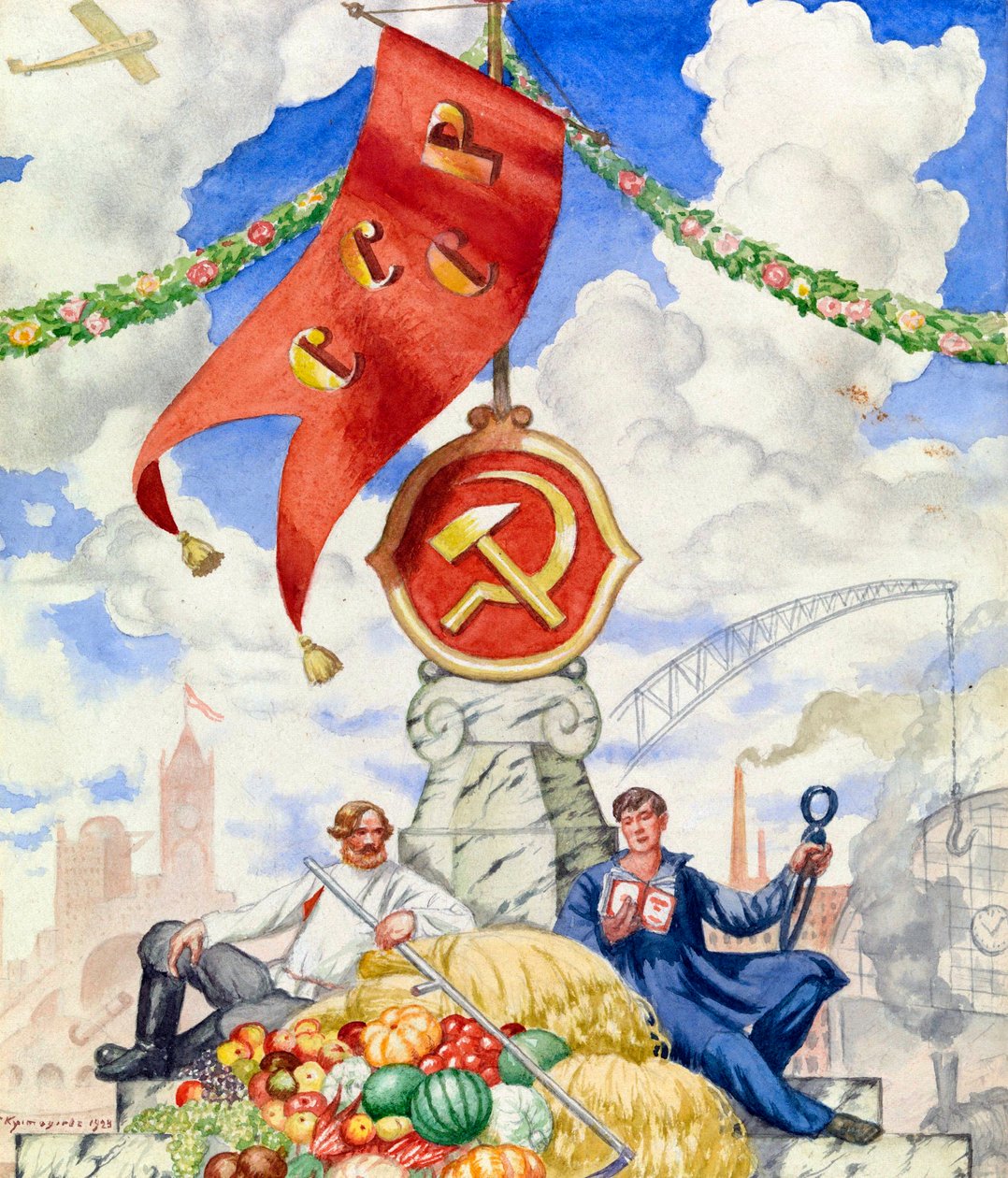 ""Arbetare och bonde förenade under den kommunistiska flaggan"" Propagandaaffisch av Boris Michaylovich Kustodiev (1878-1927) 1923 Dim 27x23 cm Privat samling av Boris Mikhailovich Kustodiev