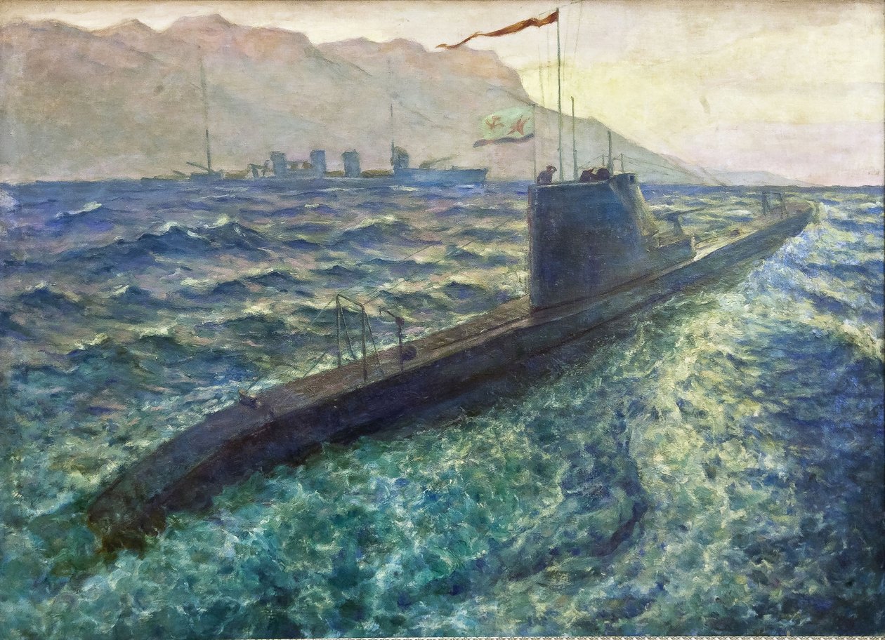 Ubåt av Deykin, Boris Nikolajevitj (1890-1945). Olja på duk, storlek: 101x137 av Boris Nikolayevich Deykin