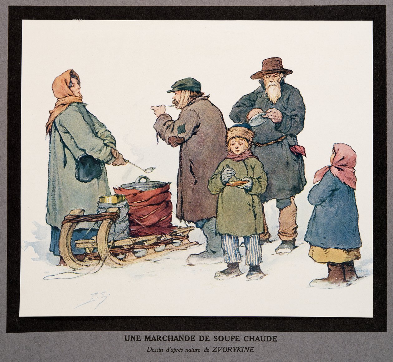 En het soppasäljare, från Histoire des Soviets, pub. 1922 (lito i färg) av Boris Vasilievich Zvorykin