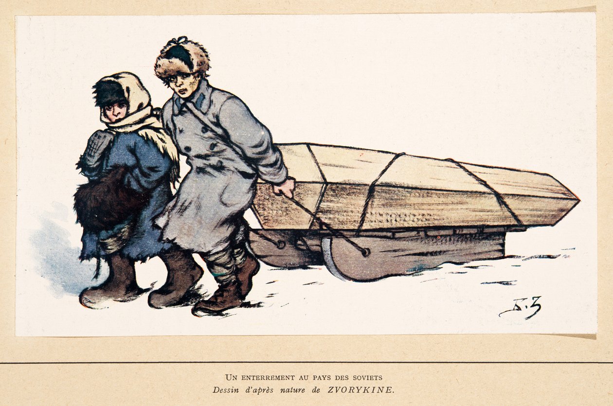 En begravning i Ryssland, från Histoire des Soviets, pub. 1922 (lito i färg) av Boris Vasilievich Zvorykin