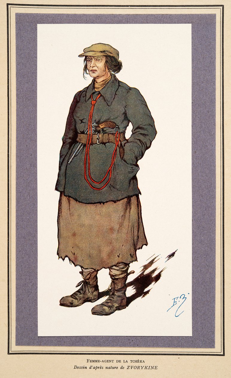 Kvinnlig hemlig agent från Histoire des Soviets, pub. 1922 (färg litho) av Boris Vasilievich Zvorykin