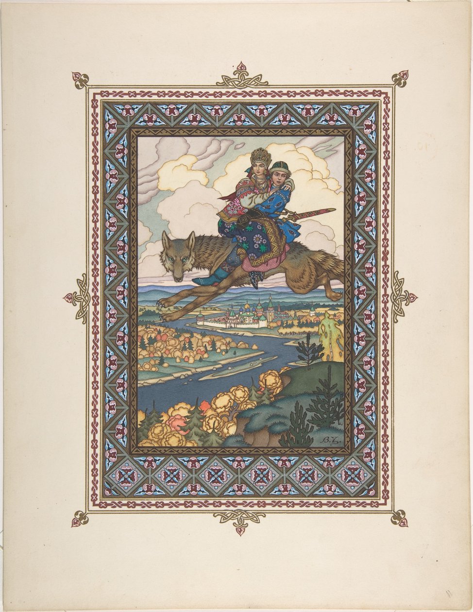 Illustration till sagan om Ivan Tsarevich, eldfågeln och den grå vargen, ca. 1925 av Boris Vasilievich Zvorykin
