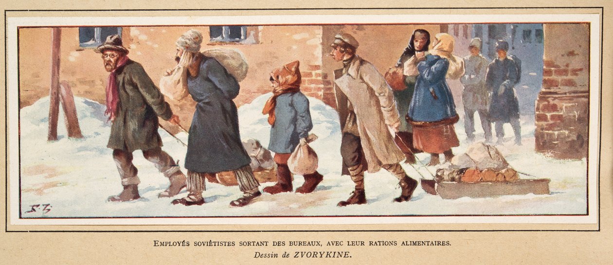 Sovjetiska arbetare som lämnar kontoret med sina matransoner, från Histoire des Soviets, pub. 1922 (lito i färg) av Boris Vasilievich Zvorykin