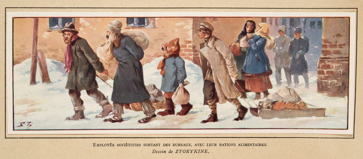 Sovjetiska arbetare som lämnar kontoret med sina matransoner, från Histoire des Soviets, pub. 1922 (lito i färg) av Boris Vasilievich Zvorykin